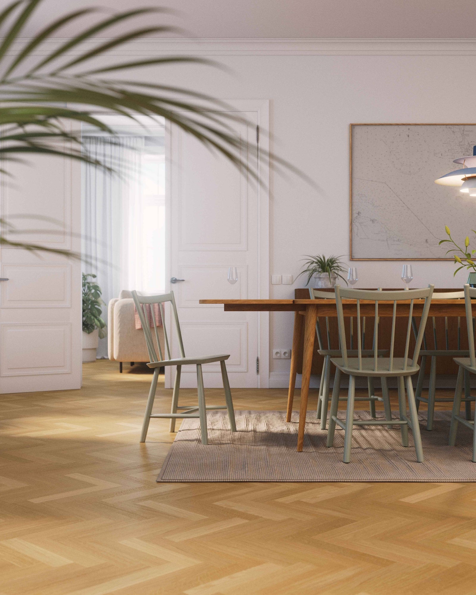 Bjelin Woodura Kalanruotolattia Stockholm 3.0 C – pystykuva asennetusta lattiasta ruokailutilassa